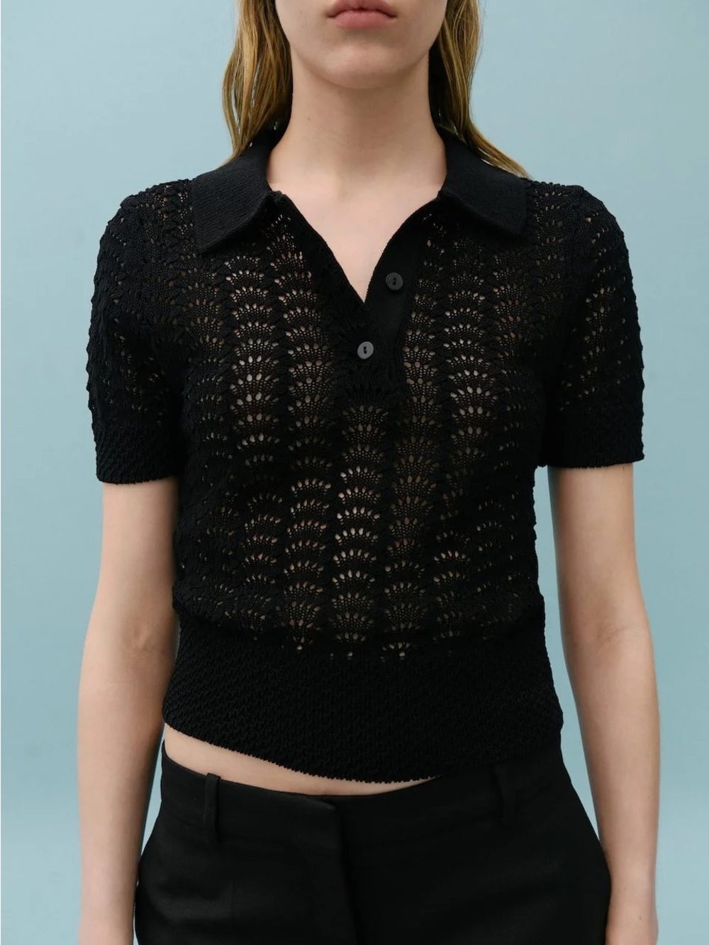 Victoria Beckham x Mango  Black Crochet Short Sleeve Polo Top Sweater Small